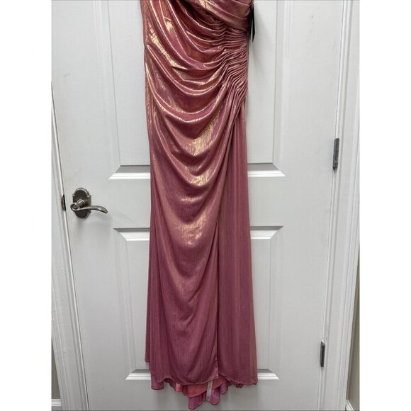 MAC DUGGAL Size 10 Pink 27152 OFF THE SHOULDER RUCHED WAIST SLIT METALLIC GOWN - Picture 6 of 11